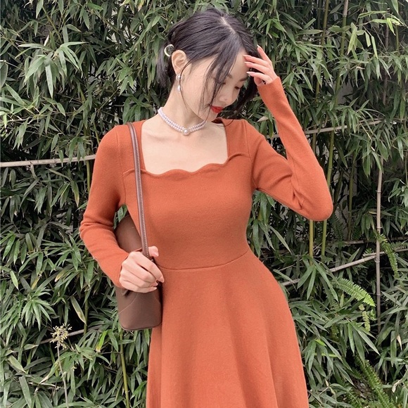 Red Orange Long Sweater Dress - Picture 3 of 12